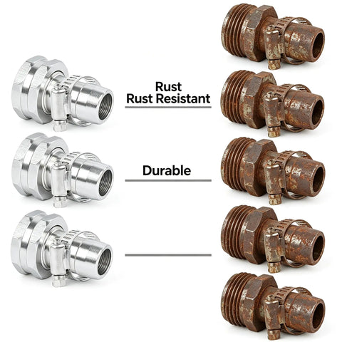 Awesome 5 Set Garden Hose Repair Kit With Heavy Duty Aluminum Fittings And Rust Proof Clamps For Quick Fix Of Leaky Water Hoses, Sprinklers And Outdoor Faucets To Keep Your Lawn Looking Gnarly All Season Long. five hose repair fittings shown in silver and rusted finish