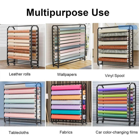 Heavy Duty Metal Vinyl Storage Cart With 18 Adjustable Rods And Smooth Rolling Lockable Casters For Tint Film Craft Wraps Wallpaper Rolls, showcasing various rolls.