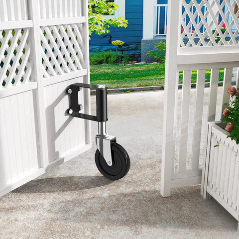 Spring Loaded Gate Caster Wheels For Wooden And Metal Gates Heavy Duty Outdoor Farm Gate Roller attached to white gate