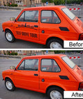Before and after using Decal Remover Wheel Kit Pro Grade For Cars And More, 4 Inch Rubber Wheel Sticker Remover With Drill Adapter