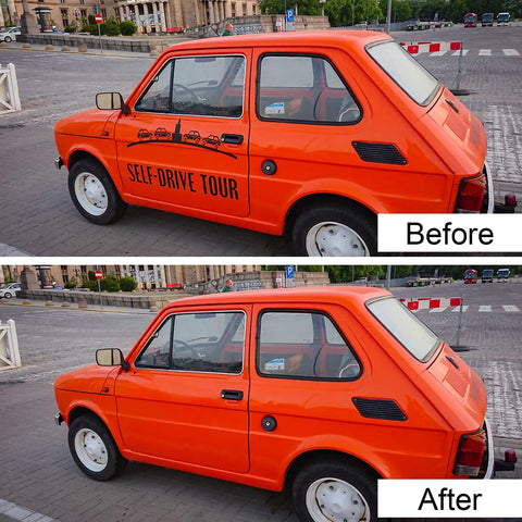 Before and after using Decal Remover Wheel Kit Pro Grade For Cars And More, 4 Inch Rubber Wheel Sticker Remover With Drill Adapter