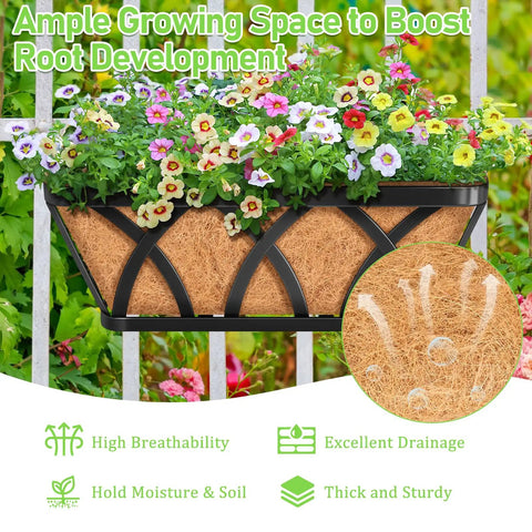 Two Pack 16 Inch Metal Railing Planters With Coco Liners Adjustable Window Box Flower Planters for rails, showing flowers in planter
