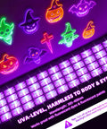 120W IP66 Waterproof Black Light With Plug Switch And 6ft Cord 105 LED UV Blacklight For Glow Parties Halloween Decor Fluorescent Posters Body Paint Game Indoor Outdoor 1 Pack, glowing Halloween decor with neon skulls and pumpkins