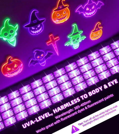 120W IP66 Waterproof Black Light With Plug Switch And 6ft Cord 105 LED UV Blacklight For Glow Parties Halloween Decor Fluorescent Posters Body Paint Game Indoor Outdoor 1 Pack, glowing Halloween decor with neon skulls and pumpkins