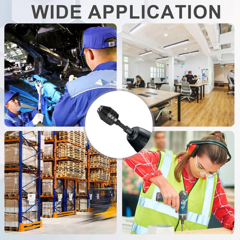 Collage showing 4 Piece Drill Chuck Adapter Set 1/4 Inch Hex Quick Change For Impact Drivers And Electric Drills in various uses