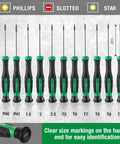 Hella Durable 12 Piece Mini Screwdriver Set Featuring Rock Hard Magnetic Bits And Smooth 360 Degree Swivel For Nitty Gritty Precision And Tech Fixes with size markings.