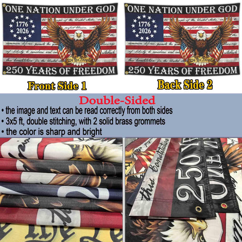 3 Ply 250th Anniversary USA Flag 3x5 Double Sided Outdoor Patriot Flag For 4th Of July We The People 1776 Decor Durable Polyester Weather Resistant With Brass Grommets Backyard Ready, showing front and back design.