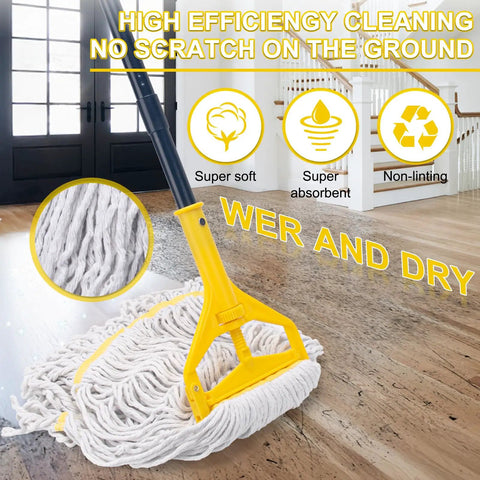 Heavy Duty Commercial Mop With 3 Extra Large Replacement Heads And A 59 Inch Long Handle, Looped End String Wet Cotton Mop For Floor Cleaning In Home Kitchen Office Garage, Workhorse Wet Or Dry Use On Concrete And Tile