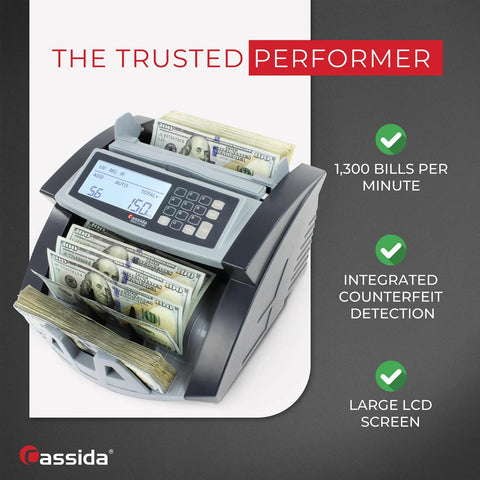 Ultra Fast Cash Counter With UV, MG And IR Counterfeit Detection, Add And Batch Modes, Large LCD Display, Counts Up To 1,300 Bills Per Minute, Pro Grade For Banks, Shops And Cash Heavy Workflows with bills.