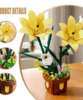 DIY Lily Bonsai Building Set For Adults, Maintenance Free Indoor Plant Decor, 296 Piece Flower Building Blocks Kit For Home Office, Living Room, Gift For Moms, Women, And Girls On Birthdays Or Mother's Day; yellow lily in brown pot