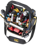 Top view of 13 Inch Molded Base Electrical And HVAC Tool Carrier Pro Grade Build With 1680D Ballistic Polyester Box Design filled with tools