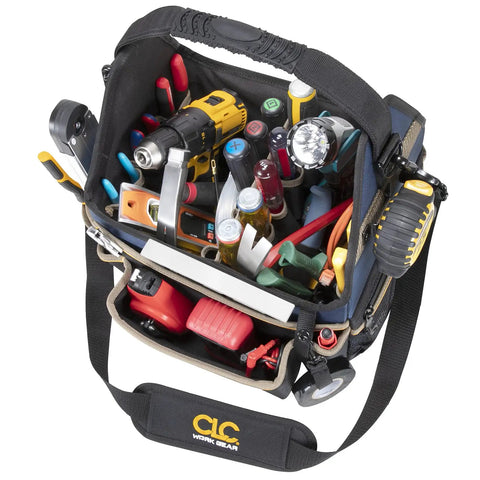 Top view of 13 Inch Molded Base Electrical And HVAC Tool Carrier Pro Grade Build With 1680D Ballistic Polyester Box Design filled with tools