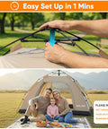 Two Person No Fuss Instant Camping Tent With 60 Second Setup And Pre Attached Pole, family sitting outside.