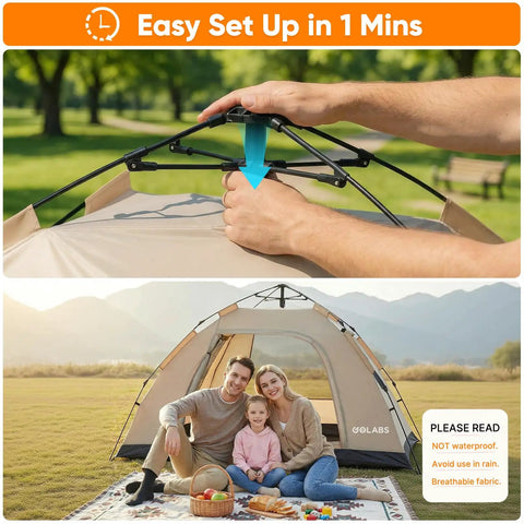 Two Person No Fuss Instant Camping Tent With 60 Second Setup And Pre Attached Pole, family sitting outside.