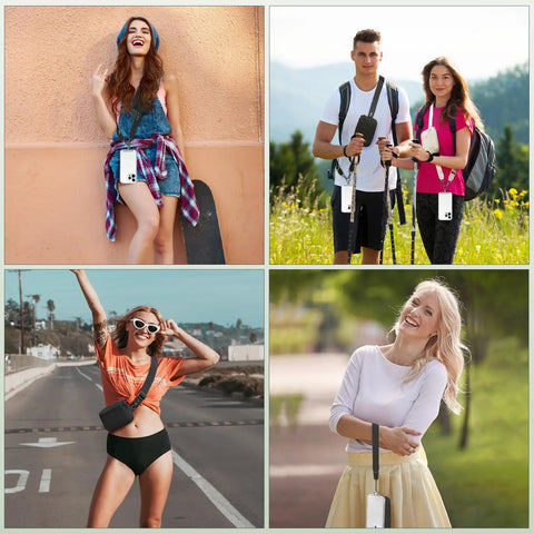 Group of people wearing Clip And Go Phone Strap With Wallet Crossbody, Detachable RFID Wristlet, outdoors in various settings.