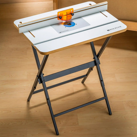 Rock Solid Router Table Kit With Powder Coated Steel Stand And Smooth Phenolic Plate Crafted For Precision Routing and Quick Shop Setup.