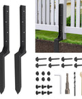 No Nonsense Heavy Duty Fence Post Repair Kit 2 Pack Steel Ground Spike Anchors For Wood Posts, Easy Fix For Tilted Or Broken 4x4 And 6x6 Fence Posts, Black Stakes And Supports For Outdoor Use with tools and screws shown