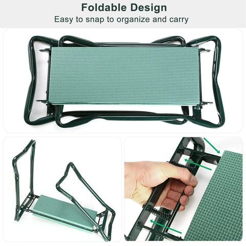 Two In One Garden Kneeler And Seat For Easy Weeding Flip Over Stool shown folded and unfolded with grip detail view