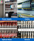 Industrial control panel with wiring, terminal blocks, and labeled cables in electrical enclosure setup.
