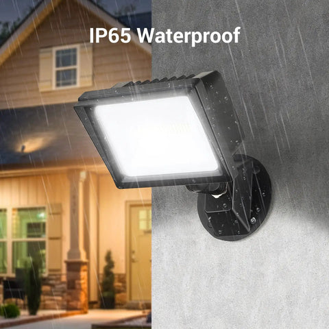 Two Pack 34W Outdoor LED Flood Lights With 3200 Lumens 5000K Brightness IP65 Waterproof Knuckle Mount on wall in rain