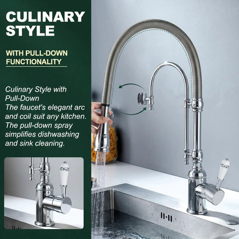 Ialtruistic 2-in-1 High Arc Pull Down Swivel Kitchen Faucet, Chrome with elegant coil design and pull-down spray in action.