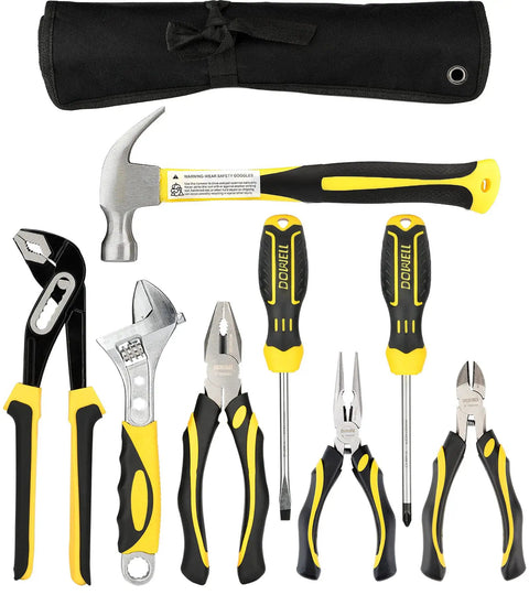 All In One 8 Piece Pliers And Tools Set With Hammer And Pouch Includes 10 Inch Groove Joint Pliers 8 Inch Adjustable Wrench 8 Inch Linesman Pliers