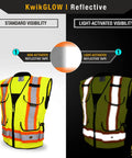 Godfather High Visibility Safety Vest 2 Pack With Cushioned Collar Class 2 ANSI OSHA Reflective Mesh Zip Front 9 Pockets Heavy Duty Surveyor Vest For Men Yellow Medium showing standard and light-activated visibility options.