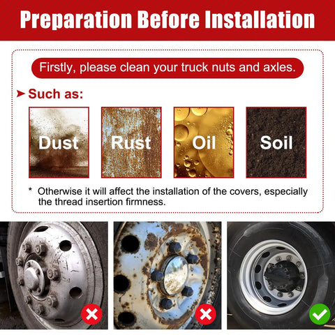 Preparation instructions for 60Pcs Lug Nut Covers Kit 33mm Flat Top Thread On ABS Chrome Plastic showing dirty and clean nuts and axles.