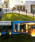 12 Pack Solar Torch Lights With Realistic Flickering Flame installed in a garden, showing daytime and nighttime views, waterproof.