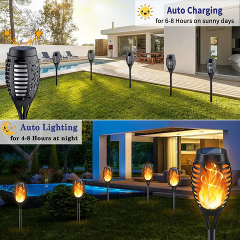 12 Pack Solar Torch Lights With Realistic Flickering Flame installed in a garden, showing daytime and nighttime views, waterproof.
