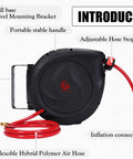 Heavy-Duty Retractable Air Hose Reel 50Ft 3/8 Inch Polymer Line Solid Brass Fittings with portable handle and adjustable stopper.