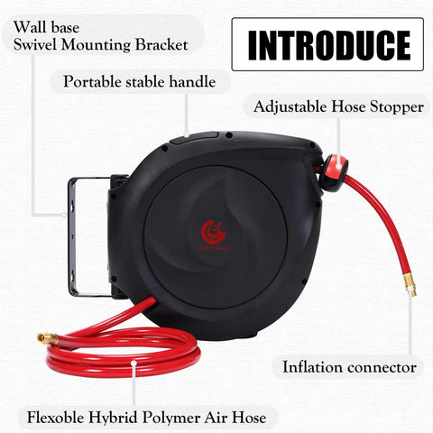Heavy-Duty Retractable Air Hose Reel 50Ft 3/8 Inch Polymer Line Solid Brass Fittings with portable handle and adjustable stopper.