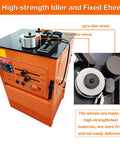 Heavy Duty Electric Rebar Bender Cutter With One Quarter Inch Max Diameter For Concrete Jobs Bends Steel Like Butter Includes Quiet Hydraulic Motor And Sturdy Foot Pedal Switch For Quick Shop Work showing idler wheels for stability.