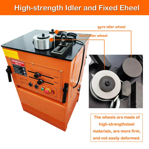 Heavy Duty Electric Rebar Bender Cutter With One Quarter Inch Max Diameter For Concrete Jobs Bends Steel Like Butter Includes Quiet Hydraulic Motor And Sturdy Foot Pedal Switch For Quick Shop Work showing idler wheels for stability.