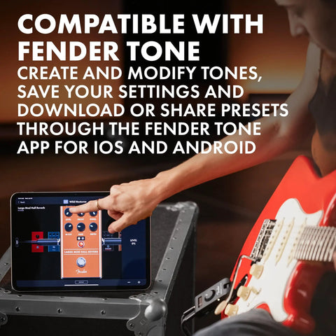 Person using Fender Tone app on tablet, with Mustang Micro Plus Headphone Amplifier With Bluetooth Streaming, 25 Amp Models And 25 Effects displayed.