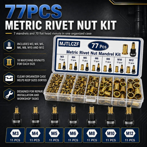 Pro Grade Rivet Nut Tool Set For DIY Metalwork, Manual Rivet Gun Head Kit With Interchangeable Mandrels 5 6 7 And Nuts 50 60 70, Metric Range M3 To M12, Heavy Duty, Easy To Use, Beef Up Your Sheet Metal Fabrication; organizer case with M3-M12 inserts