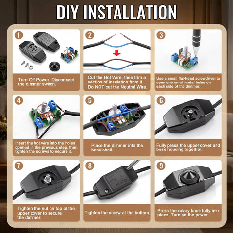 DIY installation steps for Two Pack Upgraded Inline Dimmer Switch For Lamp Cord Black Super Simple Hookup And Total Vibe Power Control Plus No Fuss Wiring For Modern Indoor Table Lamp Fixtures.