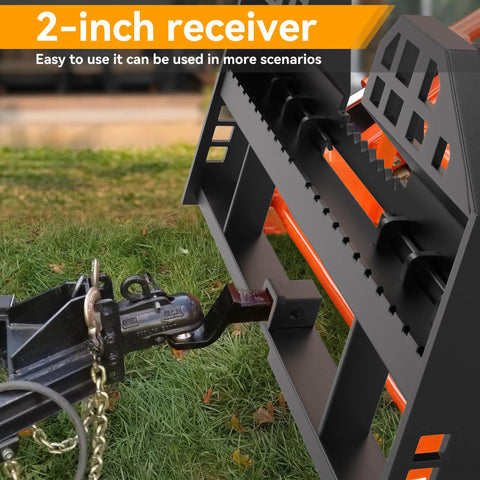Close-up of 2-inch receiver on 45 Inch Skid Steer Pallet Fork Frame With 48 Inch Fork Blades, 4000 Lb Capacity