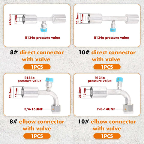 Air Conditioning Hose And Fittings Kit 26-Piece Set With 9.5-Foot Hoses In Sizes 6, 8 And 10 Includes Fittings And Pipe Cutter For DIY HVAC Repairs Great For Home Projects; aluminum connectors with R134a valve.