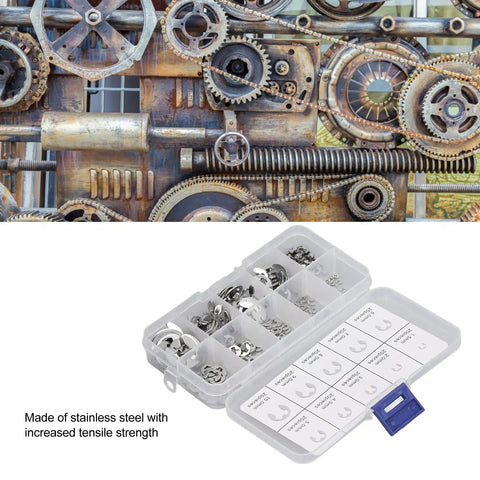 200Pcs E Clip Assortment Kit with stainless steel external retaining circlips for machinery parts and gear systems.