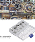 200 Piece E Clip External Retaining Ring Kit in stainless steel displayed with gears for bearings shafts pulleys and gears