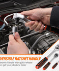 Using 178 Piece Socket Wrench Set With Quick Release Ratchet Includes One Quarter Inch, Three Eighths Inch, One Half Inch Sockets