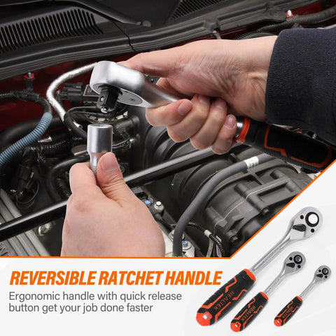 Using 178 Piece Socket Wrench Set With Quick Release Ratchet Includes One Quarter Inch, Three Eighths Inch, One Half Inch Sockets