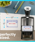 Built Hella Tough Heavy Duty Self Inking Date Stamp Featuring Dual Blue And Red Roller Ink Super Smooth Adjustable Wheels For Quick Received Messages on a desk.