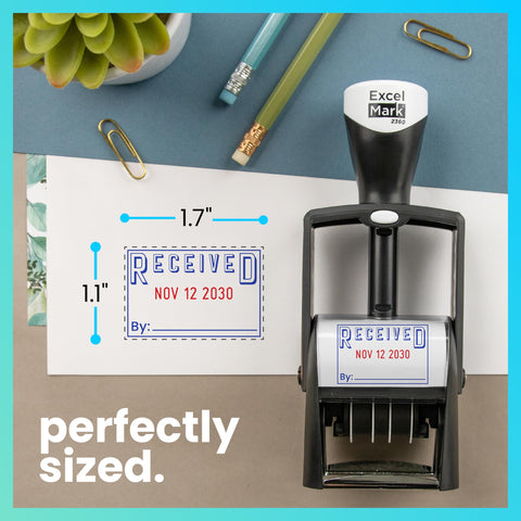 Built Hella Tough Heavy Duty Self Inking Date Stamp Featuring Dual Blue And Red Roller Ink Super Smooth Adjustable Wheels For Quick Received Messages on a desk.