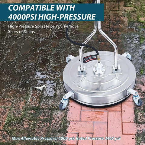 Heavy Duty Twenty Four Inch Pressure Washer Surface Cleaner for Driveways features a stainless steel design on dirty bricks.