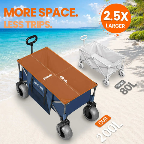 Heavy Duty Beach Wagon With 9 Inch Balloon Wheels For Sand And All Terrain Surfaces, navy blue, on beach with 200L capacity.