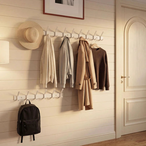 Wall Mounted Coat Rack With Six Heavy Duty Hooks, White Coat Hanger Wall Rack For Coats Jackets Hats And More in hallway