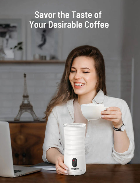 Woman using 4 In 1 Milk Frother With Temperature Control For Hot Or Cold Foam Barista Grade Foam No Fuss Auto Shut Off And Scraper