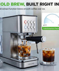 This Twenty Bar Espresso Maker Delivers Rich Bold Flavor With An Integrated Milk Frother And Roomy Removable Tank For Serving Silky Lattes And Americanos Through The Day In Premium Stainless Steel Housing, with cold brew feature.